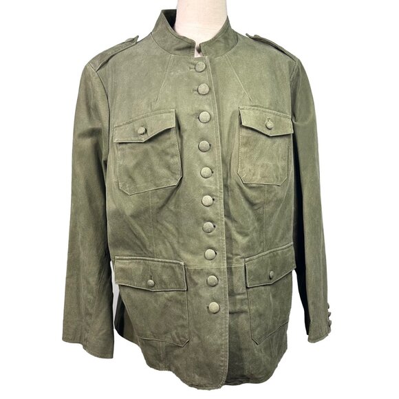 Twiggy London Women’s 2X Suede Military Jacket Green Leather Coat Lined - Picture 1 of 9